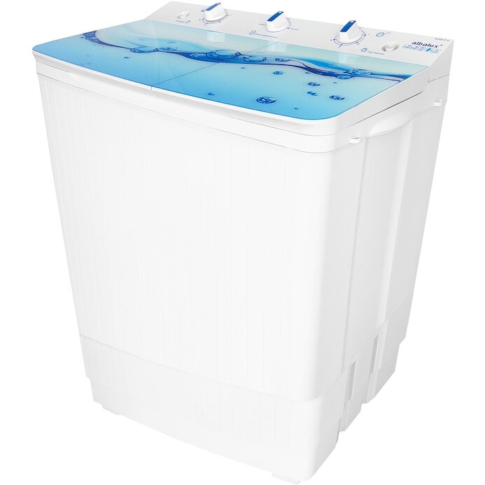 Masina de spalat rufe semiautomata Albalux AXS 7.9, Capacitate rufe uscate 7 kg, Capacitate rufe stoarcere 3 kg, Motor spalare 300 W, Motor stoarcere 148 W, Alimentare apa rece si calda, Alb