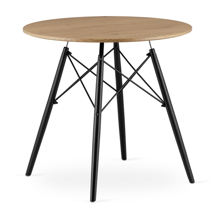 Masa rotunda Todi, MDF/Lemn/Otel, 80 cm, Natur/Negru