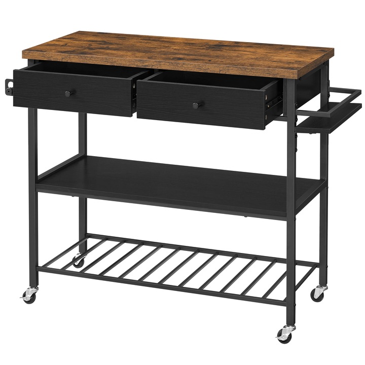 Masa cu 2 rafturi de bucatarie, Pal/Otel, 119x45x91 cm, Maro/Negru