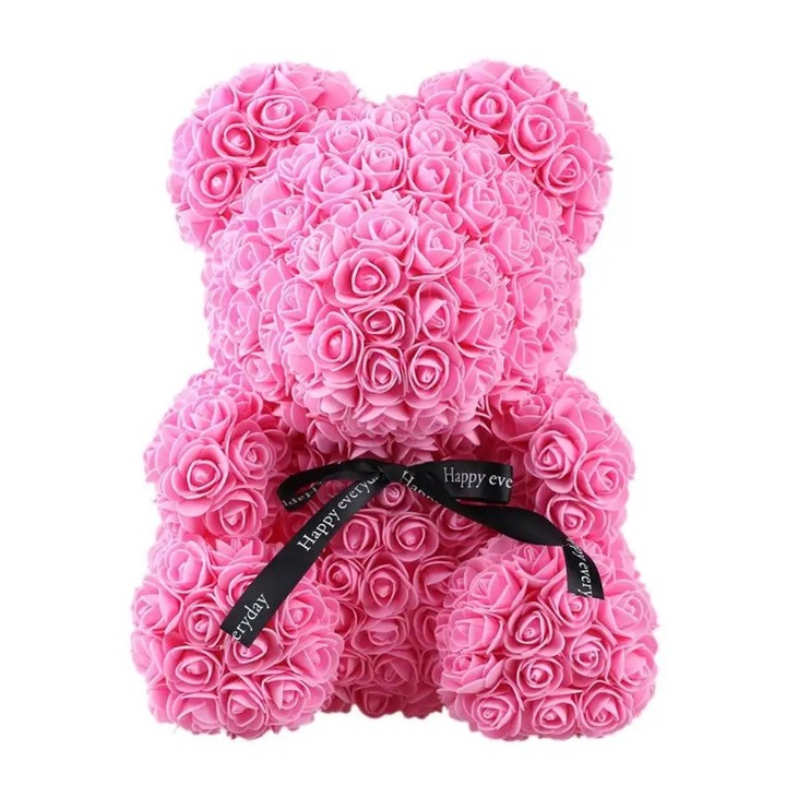 Ursulet din trandafiri de spuma in cutie transparenta, 25 CM