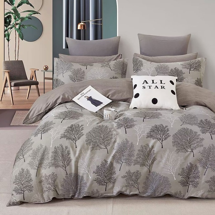 Ágynemű egy személyre perkál mintás Pamut 100% 3 db lepedő 160x240 cm, paplan 150x220 cm, párnahuzat 50x70 cm, Print Trees Barna, Pucioasa