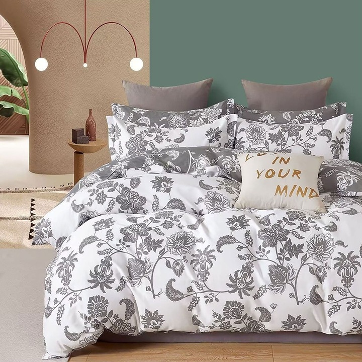 Lenjerie de pat dublu king size Percalle imprimat Bumbac 100% 6 piese cearsaf pat 240x260 cm, pilota 200x230 cm, 2 fete perne 50x70 cm, 2 fete perne 70x70 cm Eleganta Alb / Gri, Pucioasa