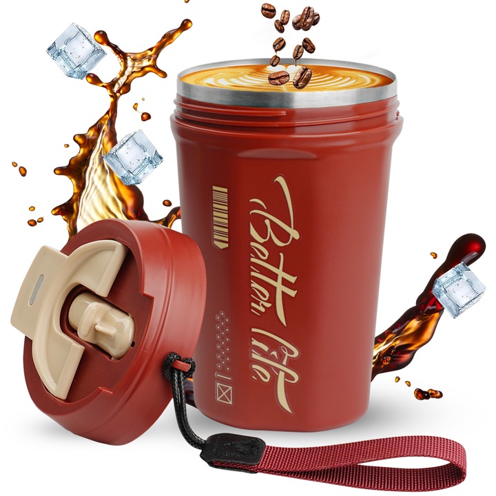 Cana termica, Xinxu, pentru cafea, ceai, espresso, ciocolata sau bauturi reci, sistem 360°, Proiectare de izolare dubla -strat, 520ml, Inox, Rosu