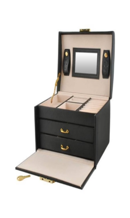 Ékszerdoboz, OM Market, 17, 5x13, 8x13, 5 cm, Tükör, 20 rekeszes, Fekete