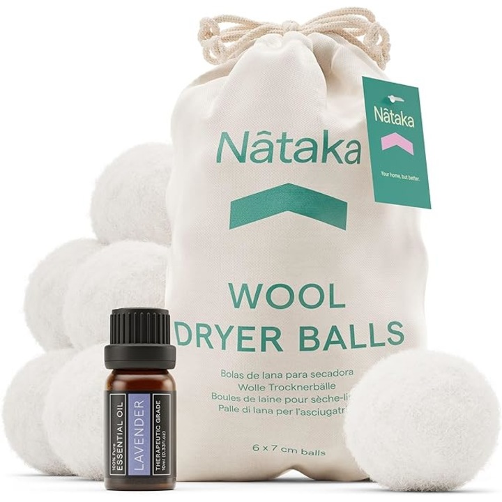 Set 6 bile din lana pentru uscator de rufe, reutilizabile cu ulei esential de lavanda si sac de rufe, Nataka