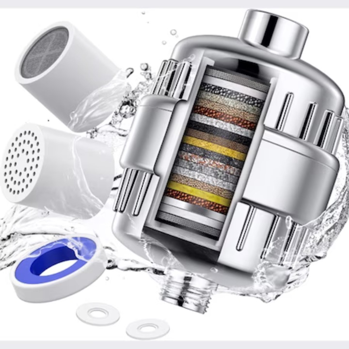 Filtru de apa premium pentru dus cu 20 stagii de filtrare, infuzie de minerale si Vitamina C, elimina Clorul, metalele grele, impuritatile si mirosurile neplacute, usor de instalat, accesorii montare