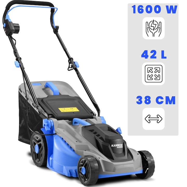 Masina de tuns iarba electrica Kanwod KGALM-1638, 1600W, 3400RPM, 38cm, cos 42l 1230x430x1100mm, 11.5kg, albastru/gri