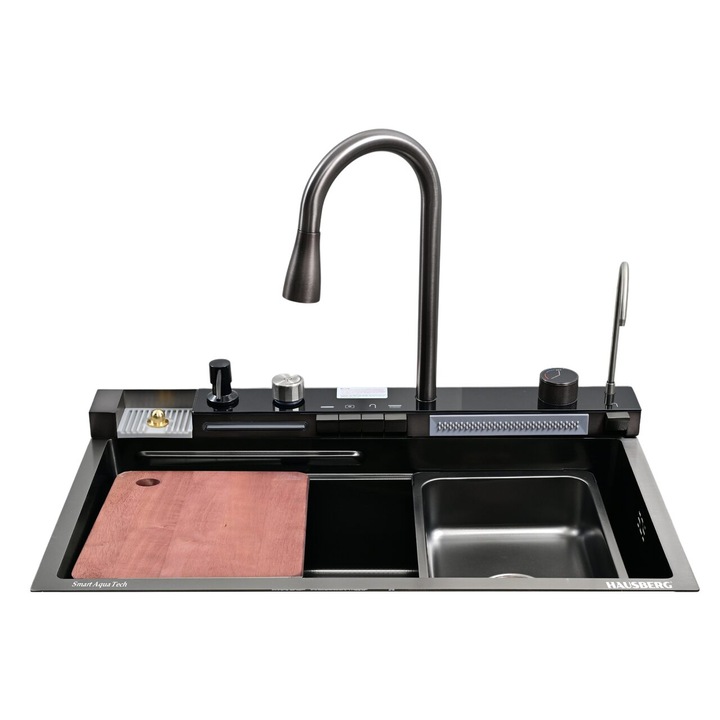 Set chiuveta multifunctionala HAUSBERG HBC-9950NG din otel inoxidabil, baterie dubla, cuva perforata fructe/legume, cuva universala cu dop scurgere, tocator, 750x460x220 mm, accesorii incluse, Negru