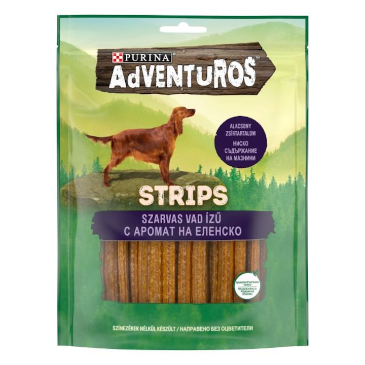 Лакомство за кучета в зряла възраст, PURINA Adventuros, Strips, Еленско, 90g