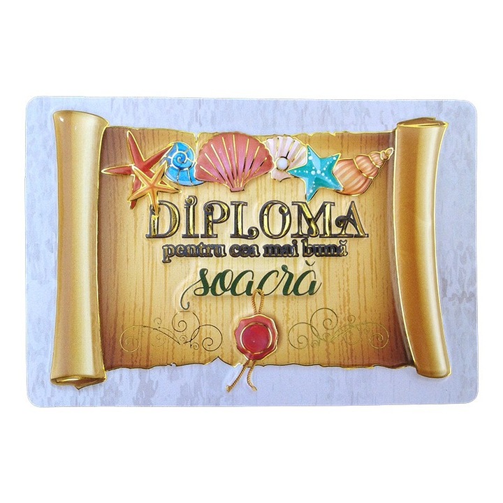 Magnet in forma de sul tip papirus cu aplicatii de scoici si cu dedicatie pentru soacra, 10X7 cm