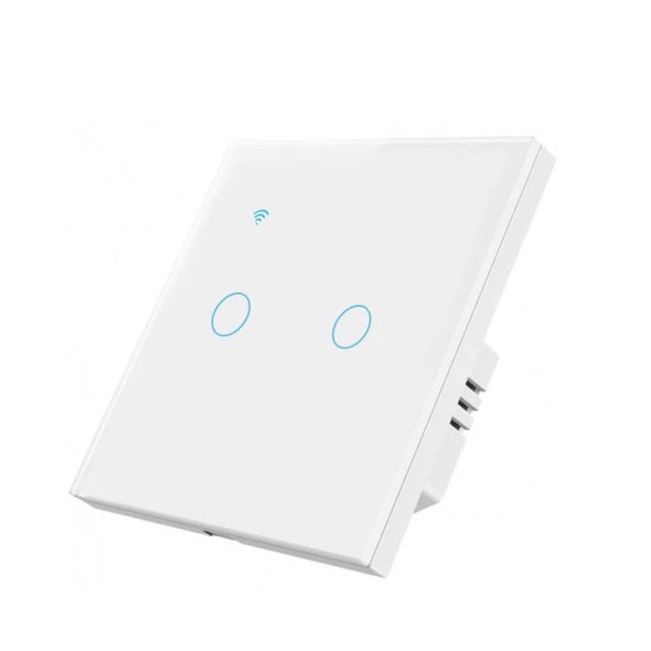 Intrerupator Inteligent De Lumina Dublu Cu Touch SIKS, Wi-Fi, 2 Butoane Iluminate, Sticla securizata, Compatibil Cu Aplicatie, Tuya, Life Smart, Amazon Alexa, Google Assistant, Alb