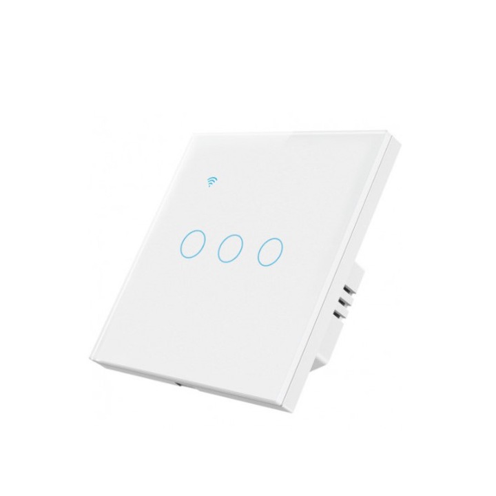 Intrerupator Din Sticla Inteligent De Lumina Dublu Cu Touch SIKS, Wi-Fi, 3 Butoane Iluminate, Sticla securizata, Compatibil Cu Aplicatie, T