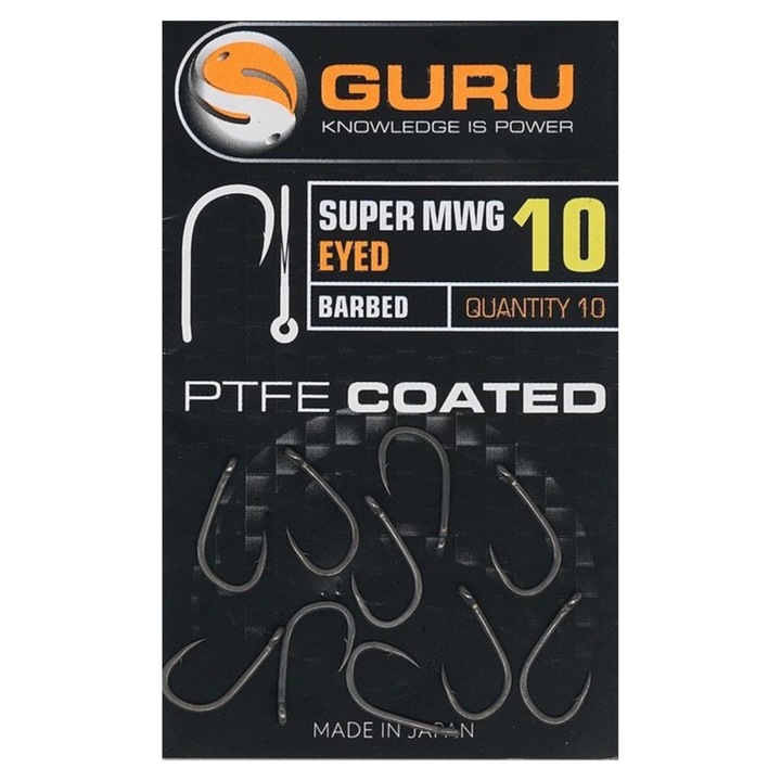 Carlige Pescuit, Guru, Super Mwg, Cu Barba Cu Ochet, Marime 12, Set 10 Buc