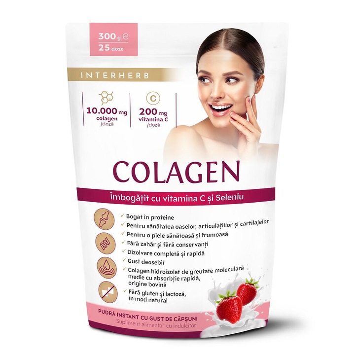 INTERHERB, Colagen Pulbere cu Aroma de Capsuni 300g