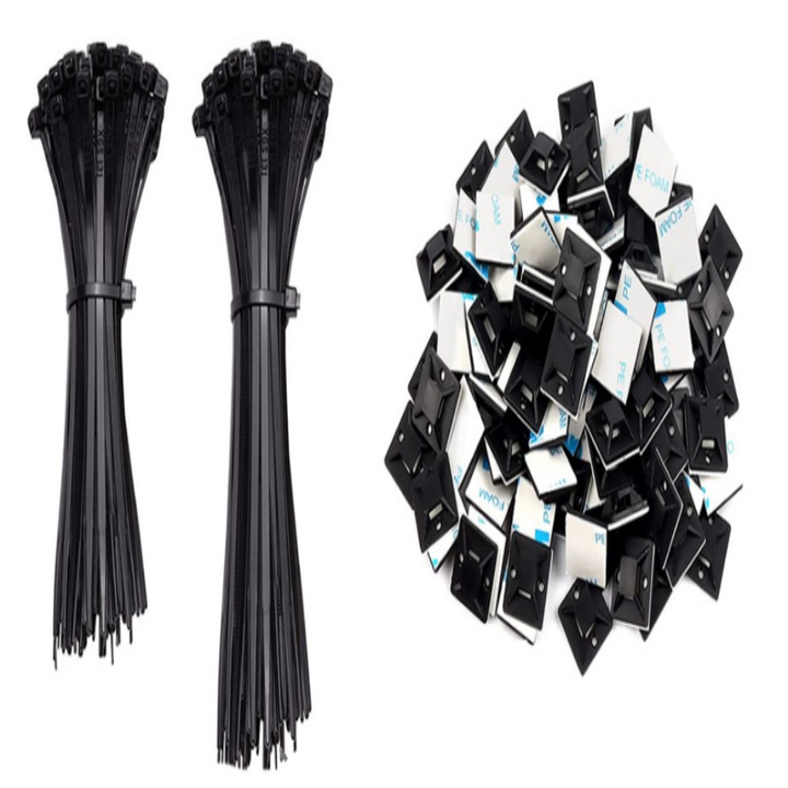 Set 200 Organizatoare cabluri, ZmdecQna, 120mm/150mm, Nylon, 20x20mm, Negru