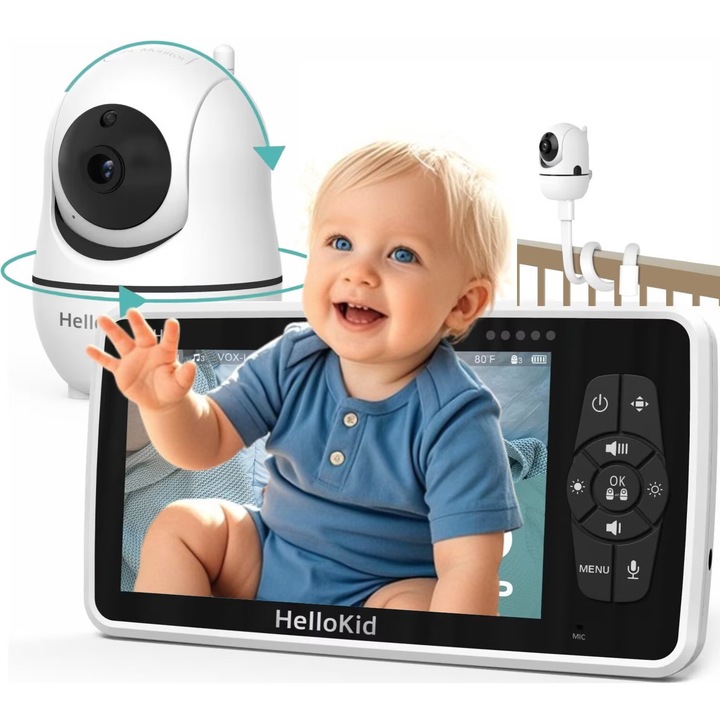 Baba videómonitor WiFi HelloKid™ PRO 5” UltraHD Auto Night Vision, 360°-os forgatás, 4X Digitális Zoom, 4000 mAh Akkumulátor, ECO Mód, Kétirányú hang, Hőmérséklet szenzor, 8 Dal, Értesítések, Fehér