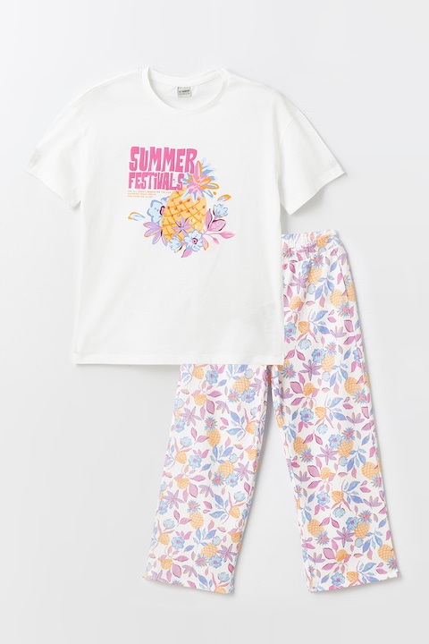 LC Waikiki, Set de tricou cu imprimeu si pantaloni, Alb/Roz