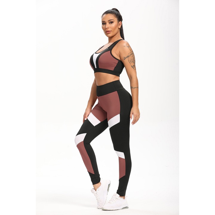 Set bustiera si colanti sport WildFashion, Poliester, Negru/Maro, Negru/Maro