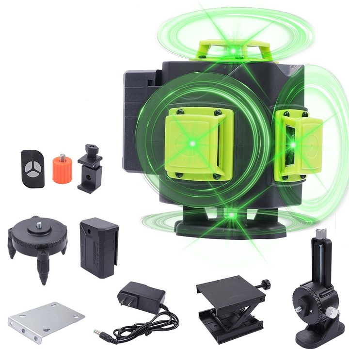 Nivela laser 4D cu 16 linii Autonivelare la, Profesionala 4x360° Green Cross Line cu linii orizontale si verticale, Negru/Verde