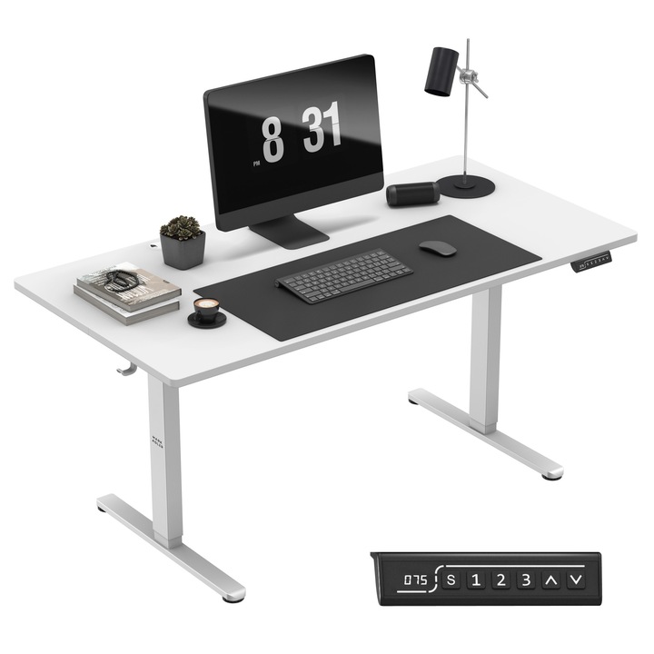 Birou electric reglabil pe inaltime 160 X 80 Cm, Mark Adler Leader 7.6, Greutate sustinuta de 70 kg, Suport pentru casti, Alb