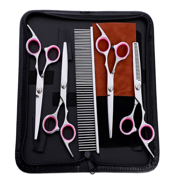 Set de 4 foarfeci profesionale si 1 pieptan pentru tuns animale, trusa neagra,17CM