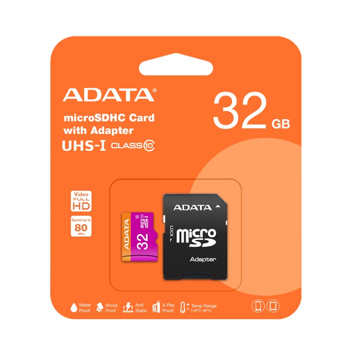 PNI, Adata MicroSD memóriakártya, 32GB, 80MB/s, Class 10, adapterrel