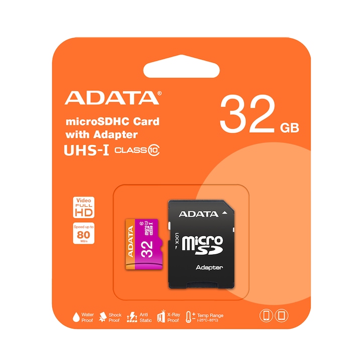 Adata MicroSD карта памет, 32GB, 80MB/s, клас 10, с включен адаптер