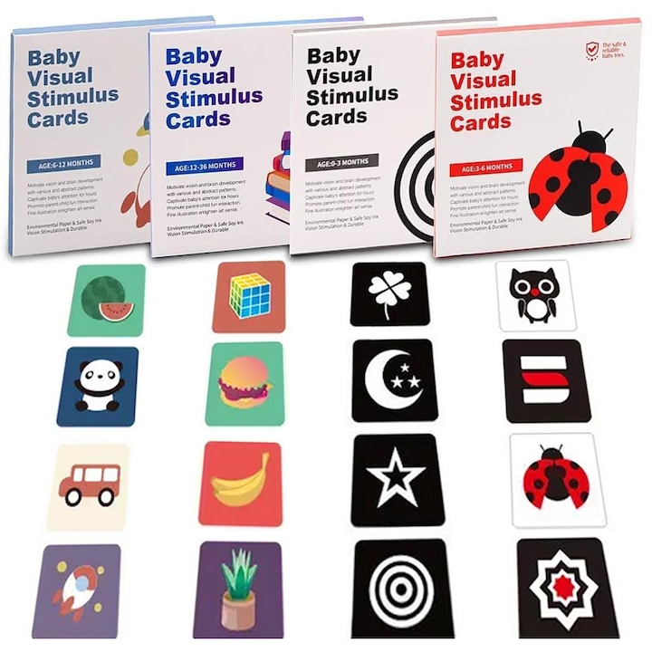 Set 64 carduri stimulare vizuala RCO cu 128 imagini alb negru si color pentru nou-nascuti, bebelusi si copii, cu varsta cuprinsa intre 0-36 luni, CC32