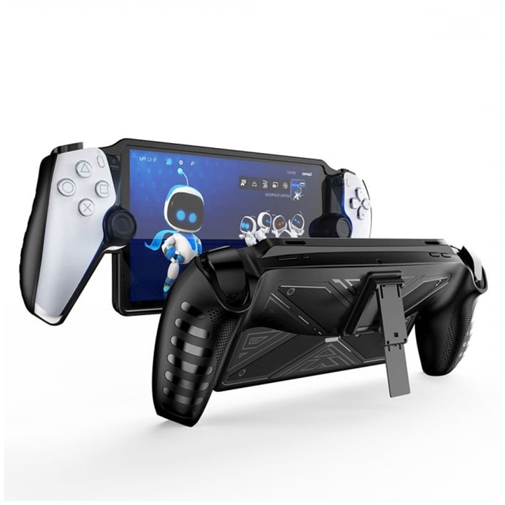 Husa Silicon de Protectie cu Stand pentru PlayStation Portal, OPTIM SOLUTION, Comprehensive Protection, AntiShock, Stylish Ergonomic X-Design, Secure Grip, Negru