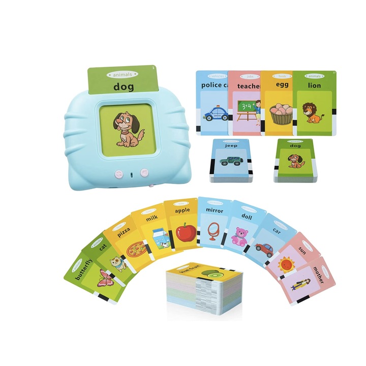 Montessori oktatójáték, tanulóeszköz készlet kártyaolvasóval, 112 darabos flash kártyák, 224 szó, 2 év+, kék