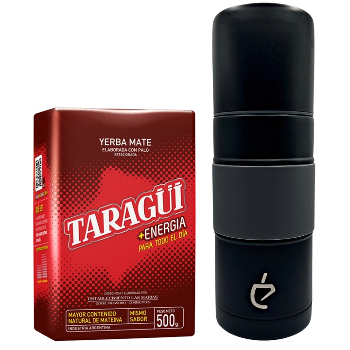 Yerba Mate tea készlet, Taragui Energia, Yerbomos, rozsdamentes acél, fekete