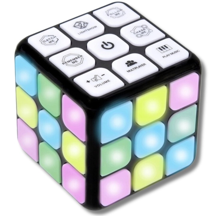 Cub educational, interactiv, senzorial, 7, 5 cm, patrate 3x3cm, iluminat, 3x joc + 1x joc pentru 2 persoane, baterii AAA, sunete, Multicolor