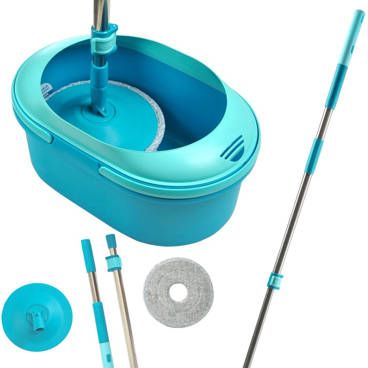 Set Mop cu Galeata Premium Motek®️ cu Scurgere prin Rotatie Turbo si Mop 360 grade, Microfibra 100%