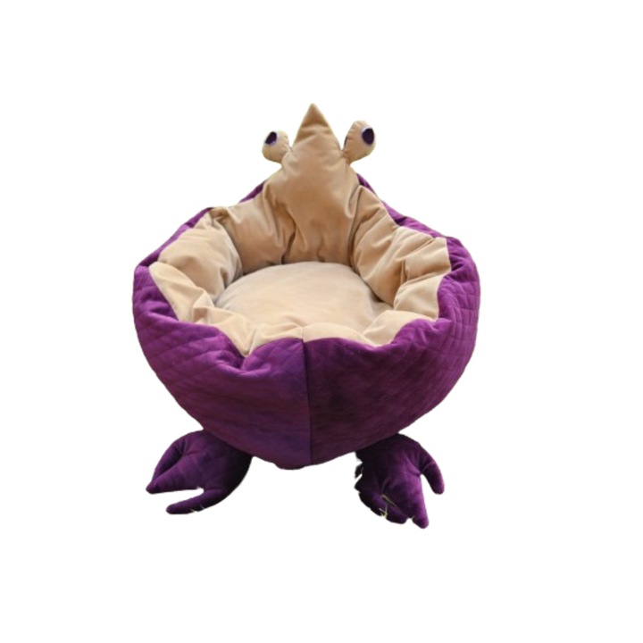 Culcus pentru caini si pisici, model broscuta cu picioare si ochi, material catifea matlasata cu model, 60x60x20cm, Visiniu/Bej