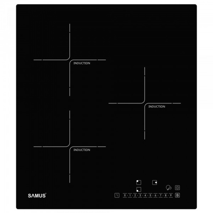 Plita incorporabila inductie Samus PSI-43BG1, latime 45 cm, 5800 W, 3 zone de gatit, Touch control, setari putere in 9 trepte, sticla neagra