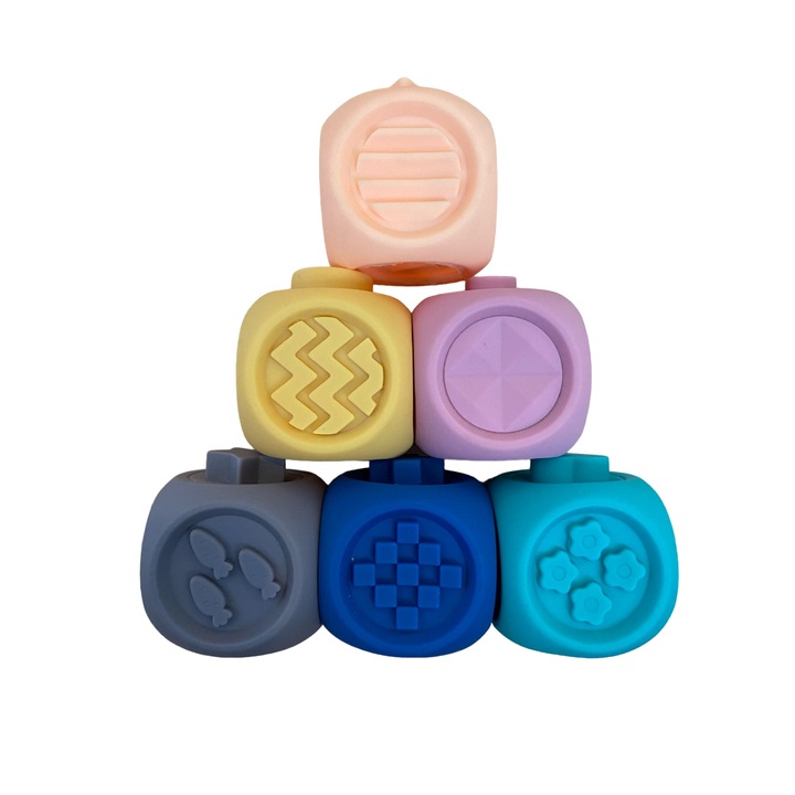 6 db puha szilikon kocka készlet számokkal és különböző formákkal, fogzáshoz vagy építőkockákhoz, több színű