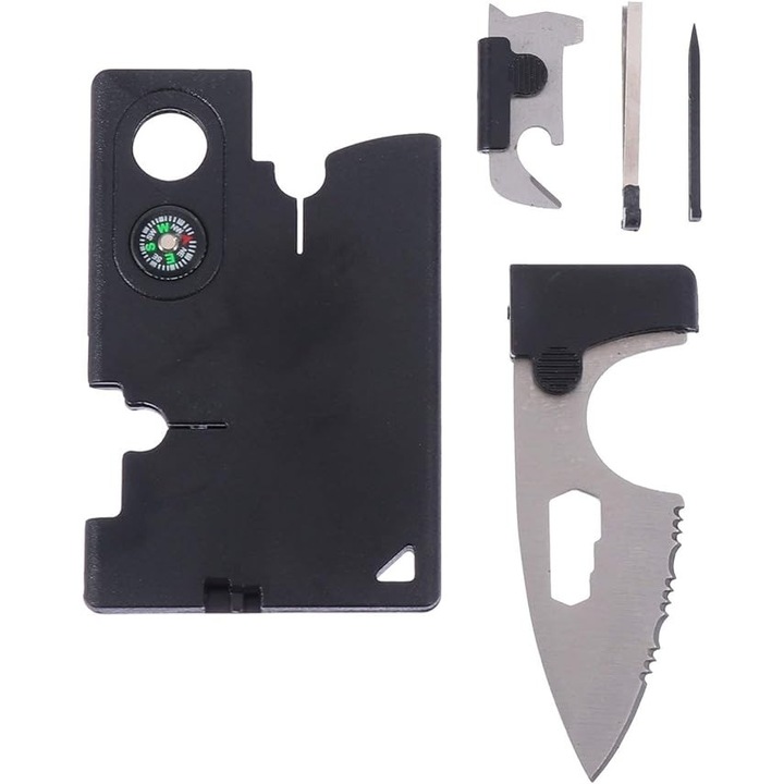 Card supravietuire multifunctional, 10 functii, otel inoxidabil, negru, husa inclusa, Dactylion®