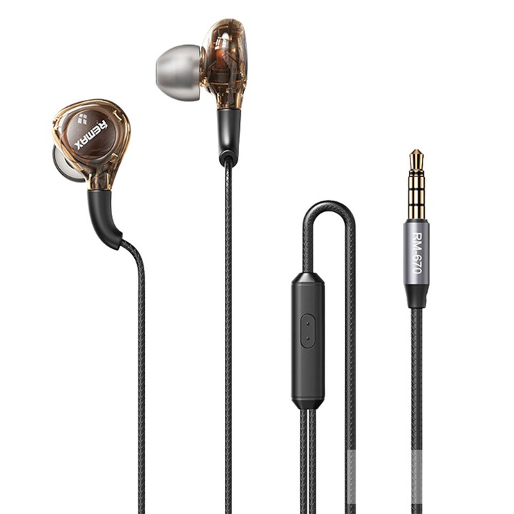 Casti intraauriculare XPQKDC® RM-670, cu fir, microfon si control, sunet stereo Super Bass, design transparent, pentru telefon, laptop si ascultare audio zilnica