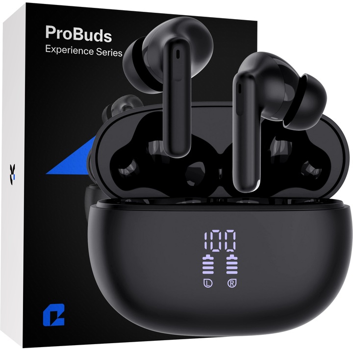 Casti wireless cu noise cancelling, Qualtec by Koppel®, ANC & ENC, Bluetooth 5.4, fara fir, in-ear, audio de inalta fidelitate, bass intens, microfon dual, handsfree, mod transparency & gaming, sport, universale, pentru telefon, afisaj LED, ProBuds, negru