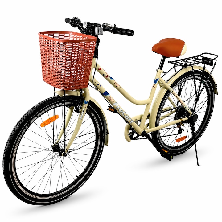 Bicicleta dama, PROCART, 26 inch, 7 viteze, cos cumparaturi, portbagaj, V-brake, crem