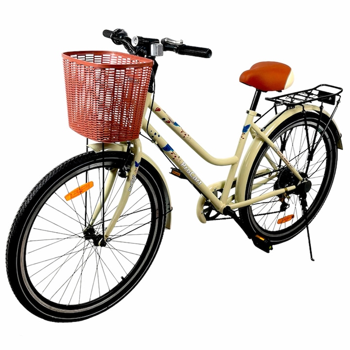 Дамски велосипед, PROCART, 26 цола, 7 скорости, кош за пазаруване, багажник, V-brake, кремав
