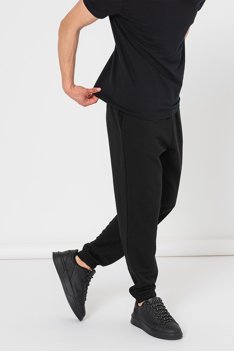 Champion, Pantaloni de trening cu model uni si detaliu logo, Negru, L