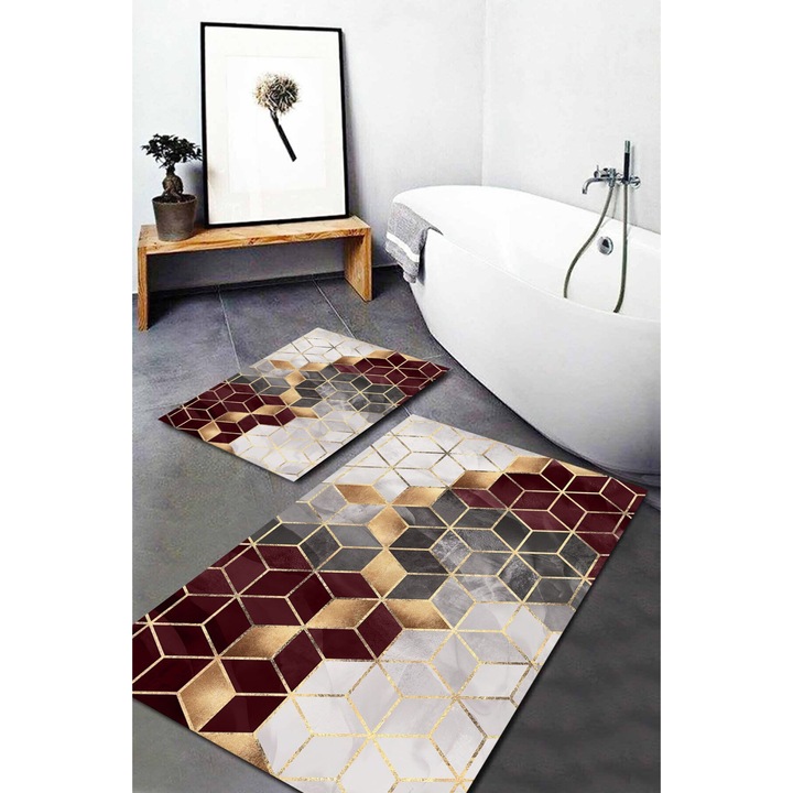 Set 2 covorase de baie Diamond Mila Home, 100x60 cm si 60x50 cm, poliester 100%, print digital, spate aderent, grena/auriu