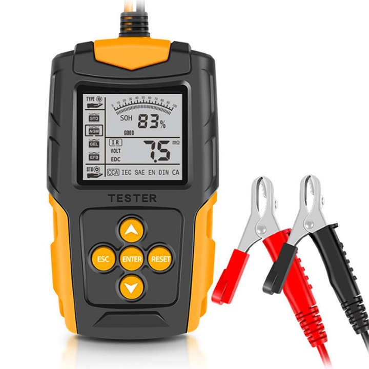 Autó akkumulátor diagnosztikai teszter, JESWO, nagy HD képernyő, 12V-24V, sárga/fekete