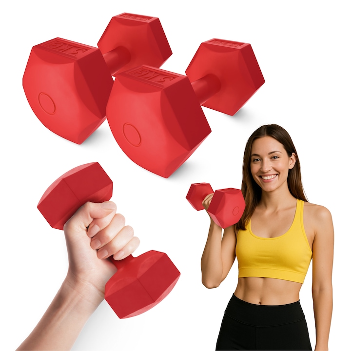 Set de 2 greutati de fier pentru antrenament de forta si fitness, Pentru intarirea muschilor, 4FIZJO, 2x3kg, PVC, Rosu