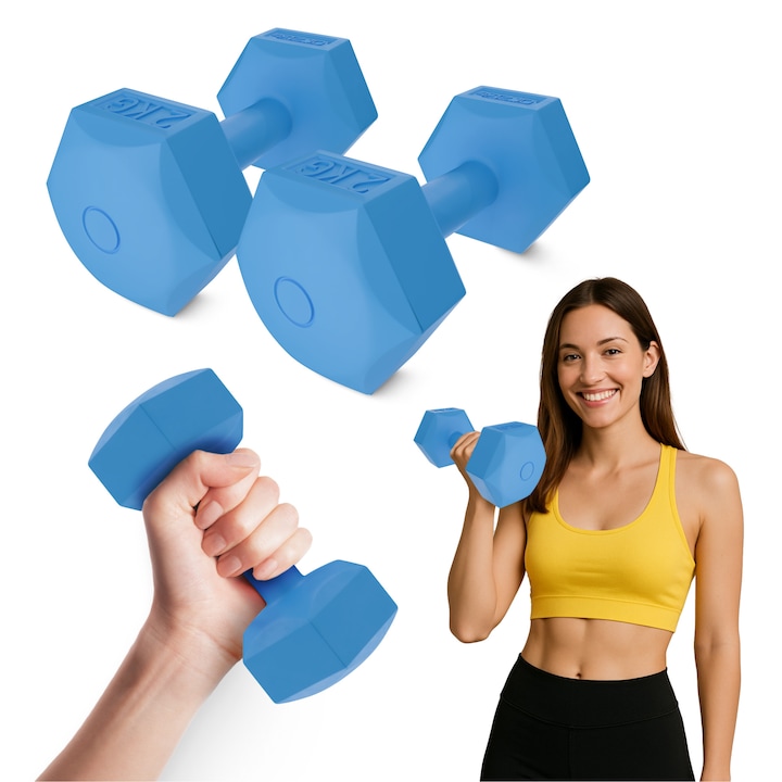 Set de 2 gantere de fier pentru antrenament de forta si fitness, 4FIZJO, 2x2kg, PVC, Albastru