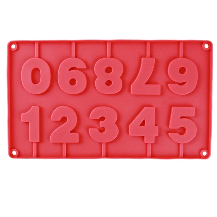 Forma pentru 10 Acadele din Ciocolata, Jeleu sau Zahar, Forma de Cifre, din Silicon Premium, Rosu, Dimensiune 28 x 16.5 cm, GARAMI SHOP