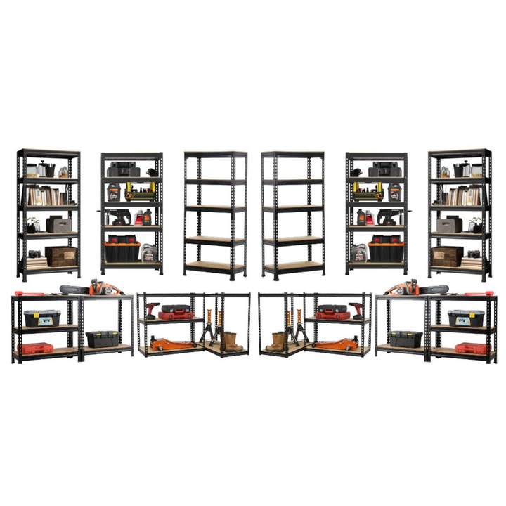 Handlekraft 10 db fém polc készlet tároláshoz állítható magasságú polcokkal 175kg / polc, 4 összeszerelési mód, korróziógátló fém ház, 200x90x40cm, fekete