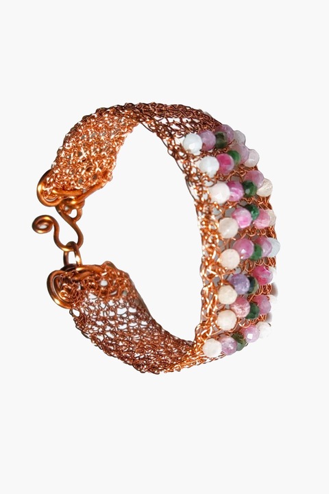Bratara metalica crosetata, fir de cupru impletit cu Morganit Aventurin Turmalina, Multicolor, 17 cm