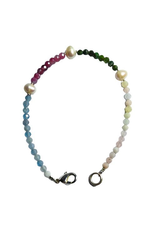 Bratara de Luxe4, Perle Morganit Turmalina Aquamarin Aventurin, Multicolor, 17 cm